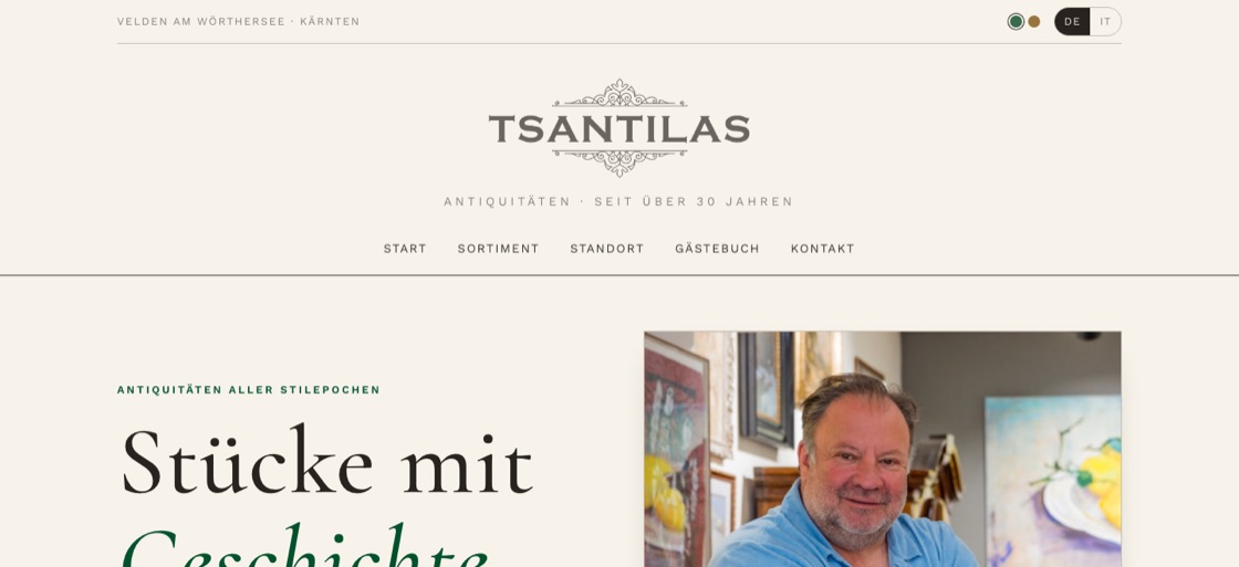 Website von Antiquit&auml;ten Tsantilas &ndash; gebaut von Dreamland AI
